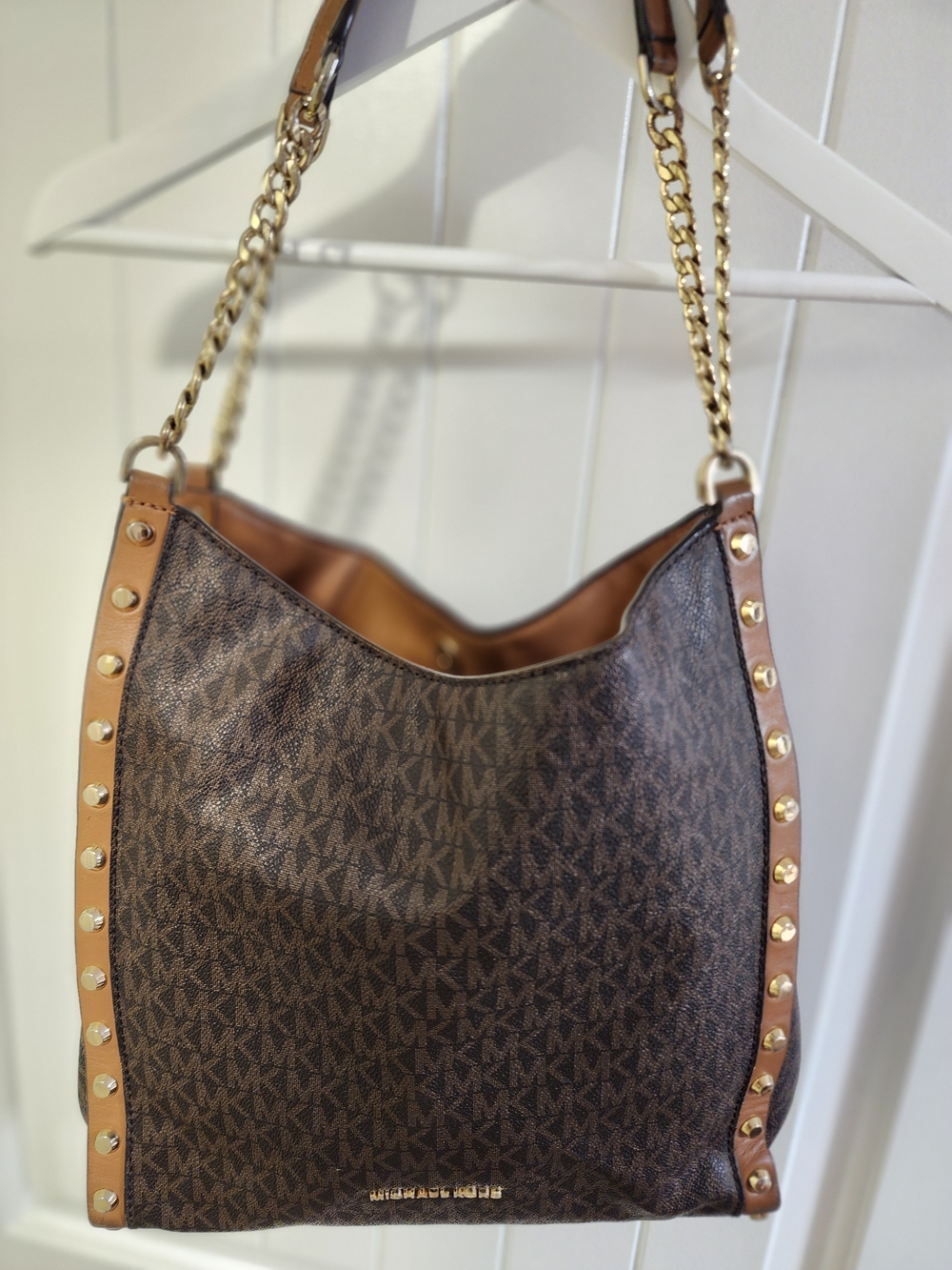 Michael Kors Brown Logo Stud-Trim Shoulder Bag